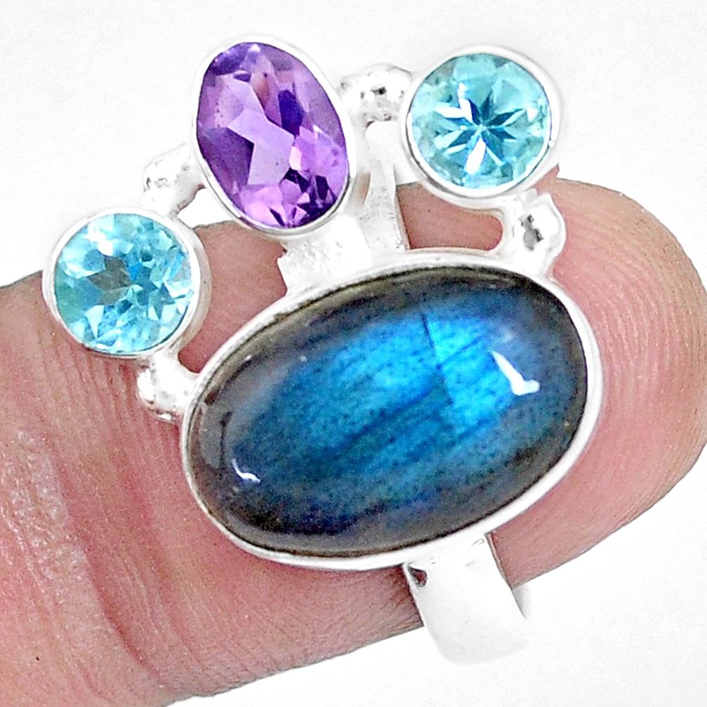 925 silver 13.28cts natural blue labradorite amethyst topaz ring size 7 p16932