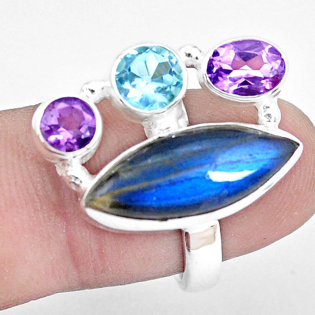 925 silver 12.04cts natural blue labradorite amethyst topaz ring size 7 p22277