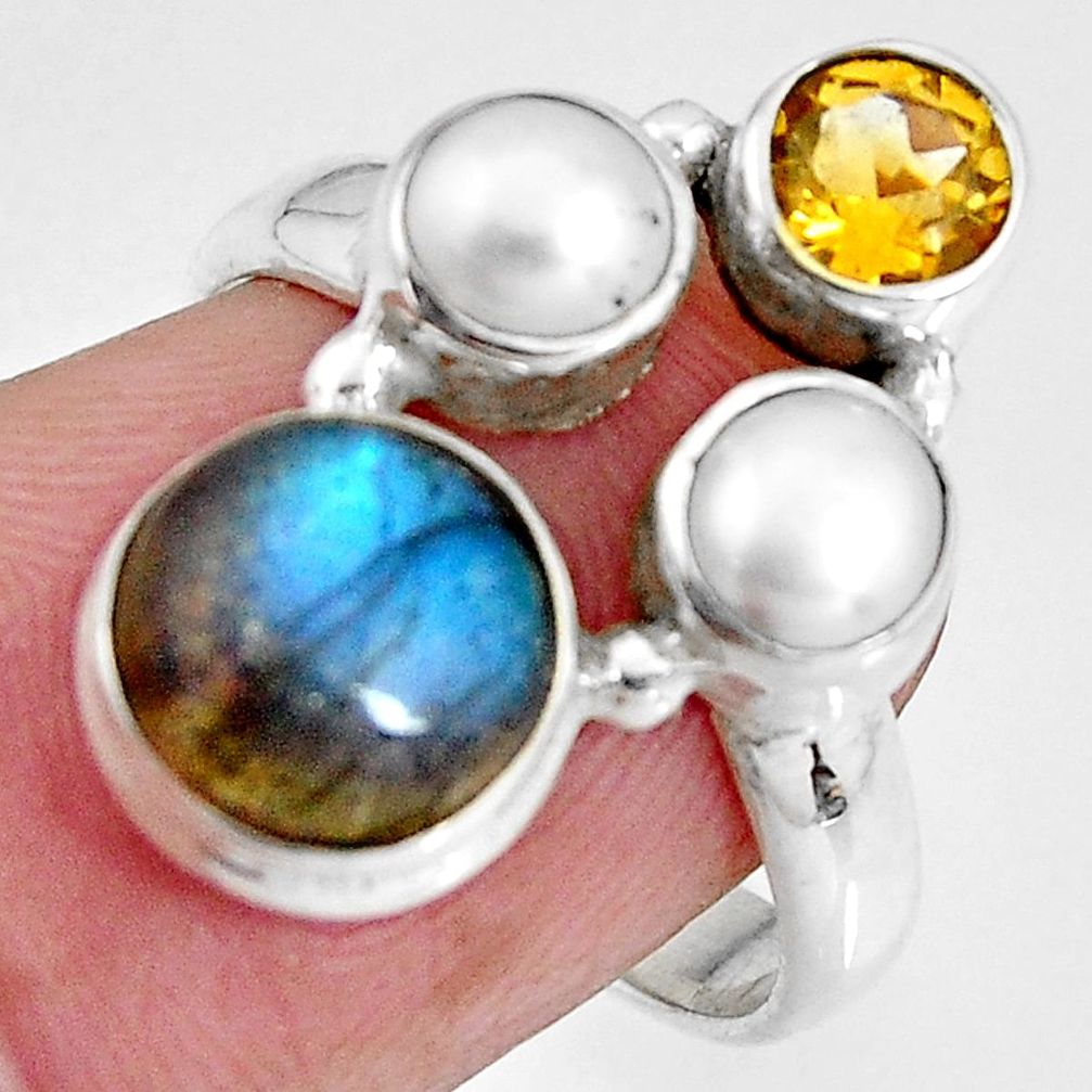 925 silver 7.82cts natural blue labradorite citrine pearl ring size 6.5 p90632