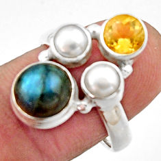 Clearance Sale- 925 silver 5.79cts natural blue labradorite citrine pearl ring size 8 r22935