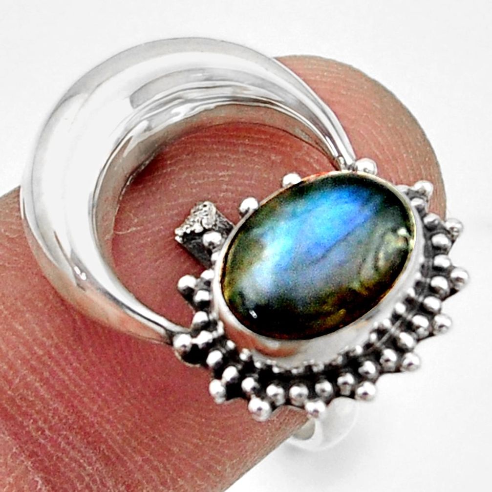 925 silver 3.32cts natural blue labradorite oval half moon ring size 7.5 r41773