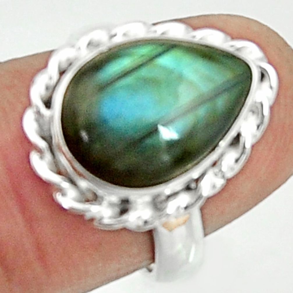 925 silver 6.36cts natural blue labradorite pear solitaire ring size 5.5 r22159