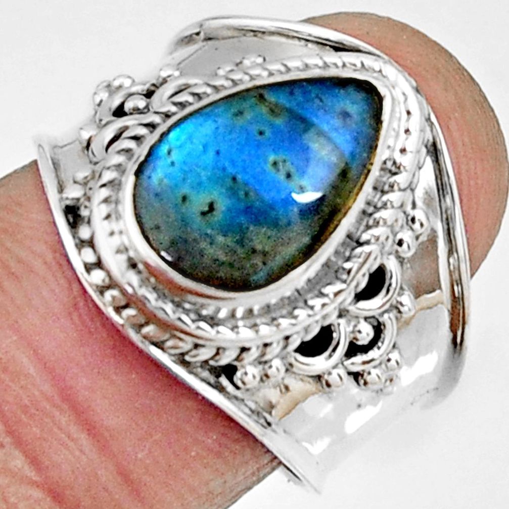 925 silver 4.17cts natural blue labradorite pear solitaire ring size 7.5 r22584