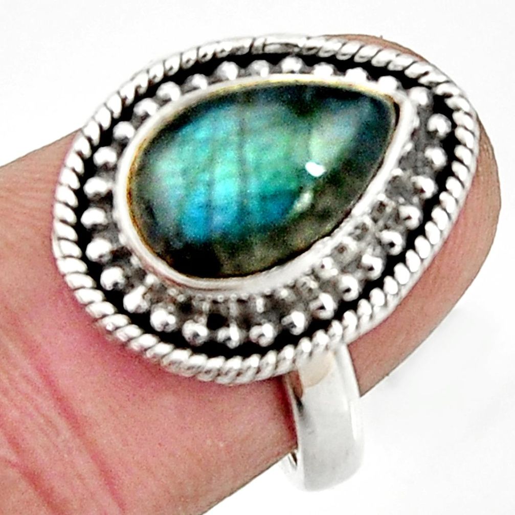 925 silver 4.38cts natural blue labradorite pear solitaire ring size 6.5 r24898