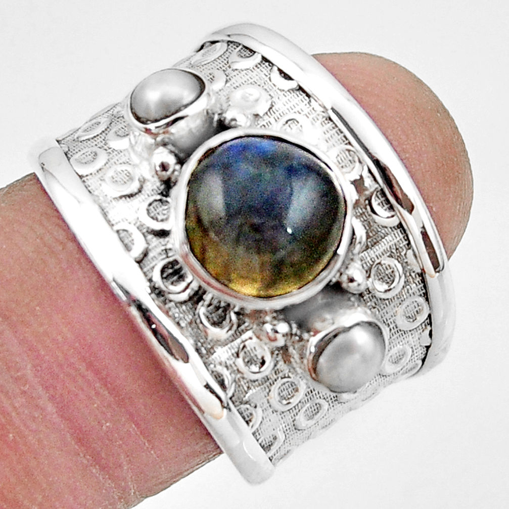 925 silver 4.93cts natural blue labradorite pearl solitaire ring size 7 r49840