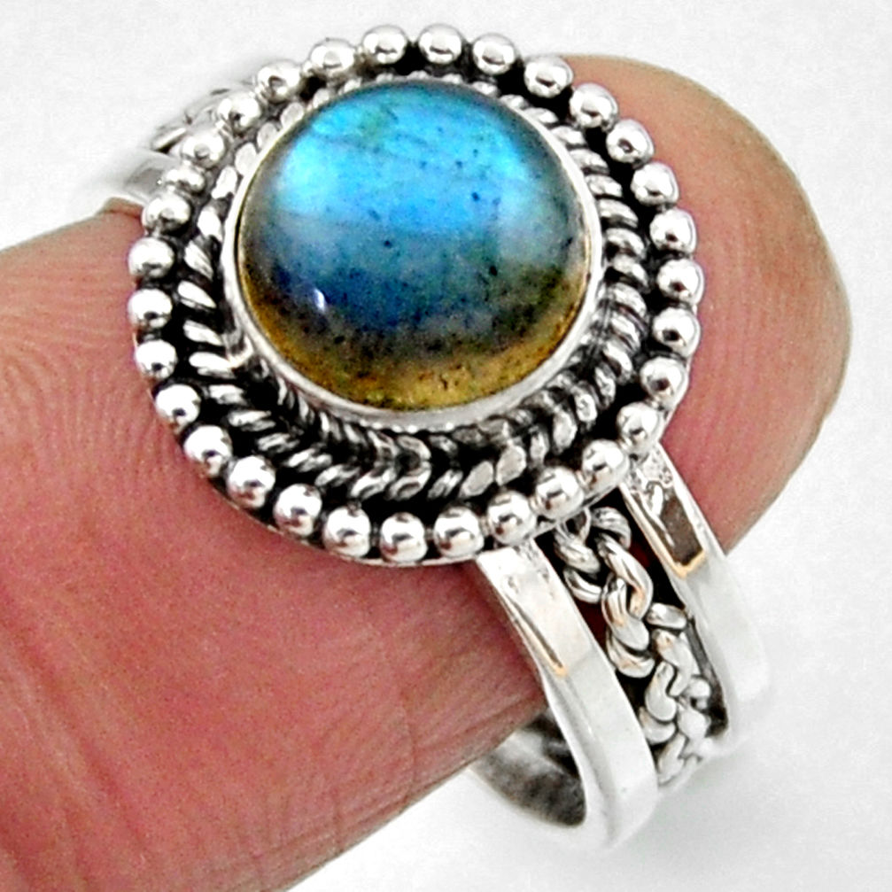 925 silver 3.23cts natural blue labradorite round solitaire ring size 8.5 r54296