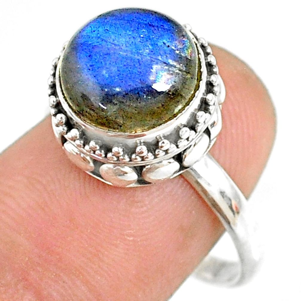 925 silver 5.38cts natural blue labradorite round solitaire ring size 8.5 r76797