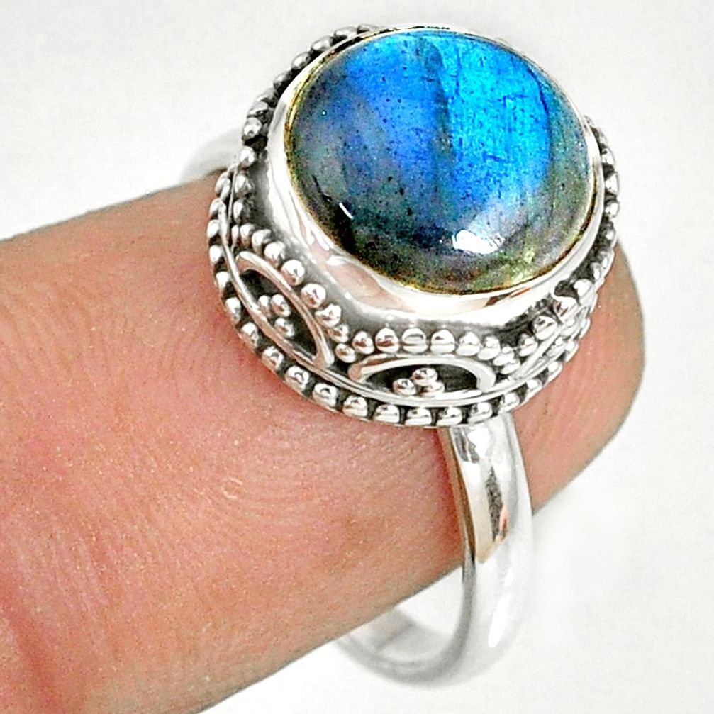 925 silver 5.13cts natural blue labradorite round solitaire ring size 7.5 r76814