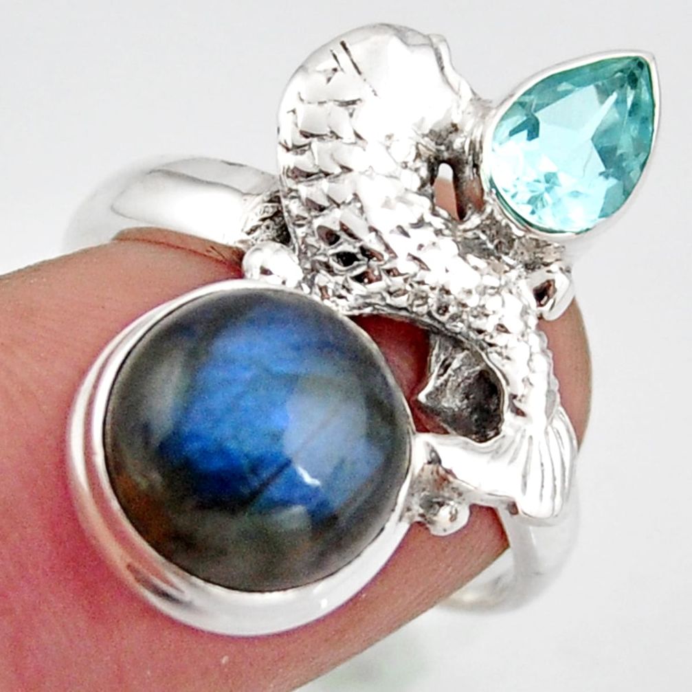 925 silver 6.86cts natural blue labradorite round topaz fish ring size 8 d46099