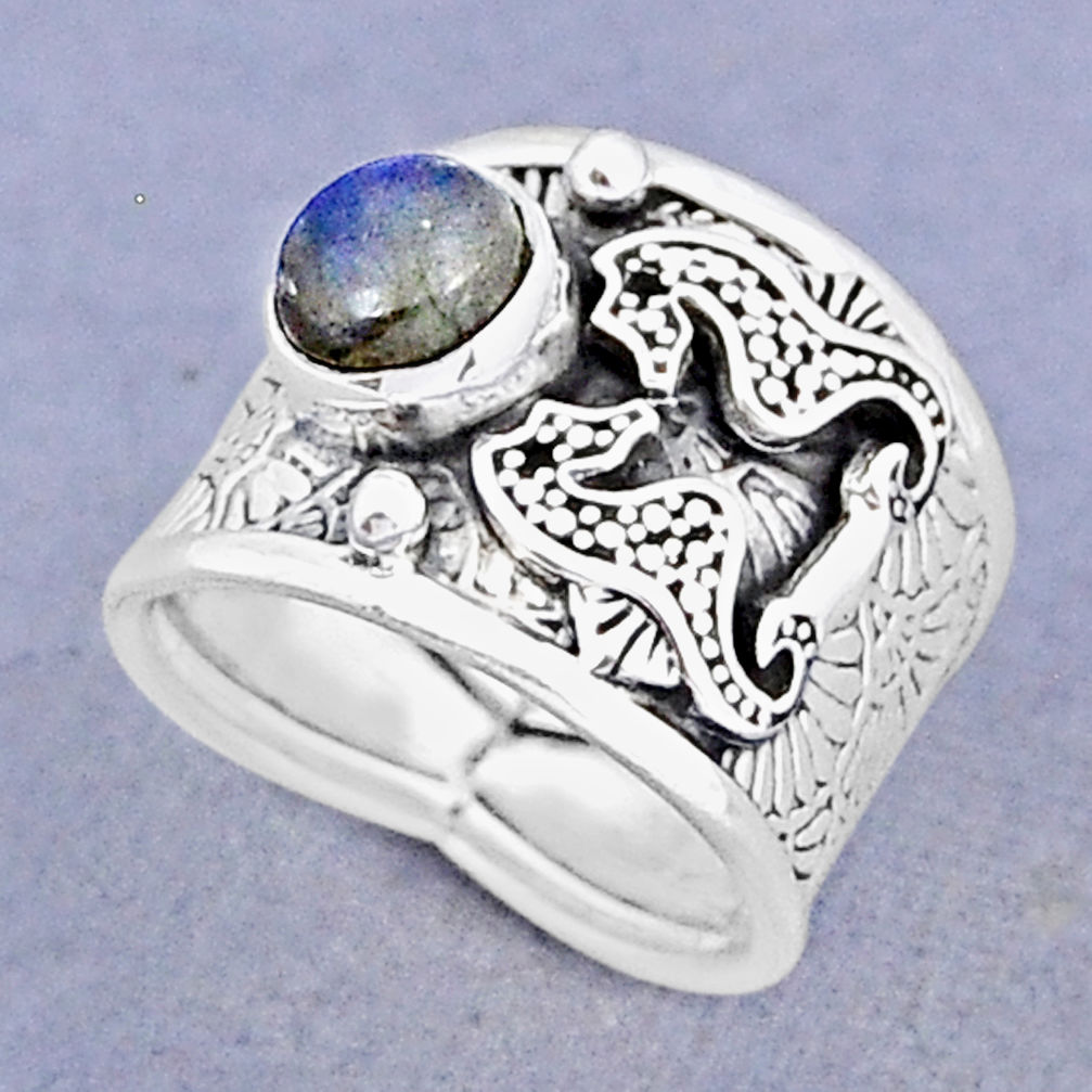 925 silver 2.39cts natural blue labradorite seahorse ring jewelry size 6.5 y3577