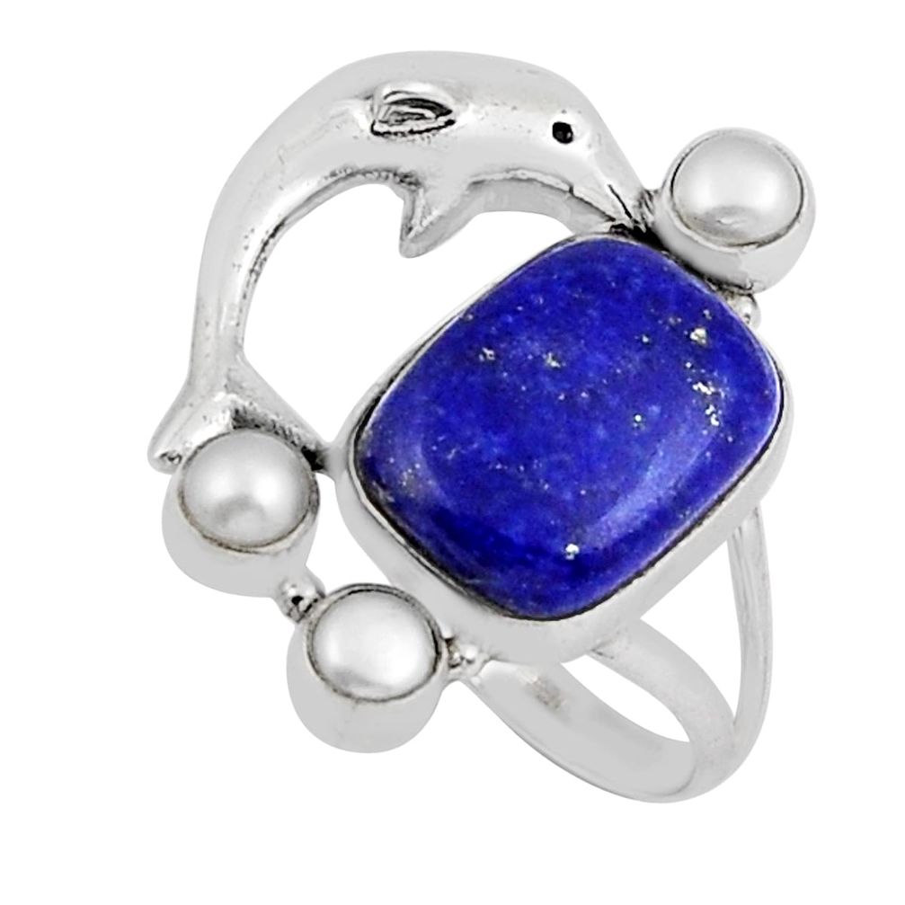925 silver 14.95cts natural blue lapis lazuli pearl dolphin ring size 7 y24256