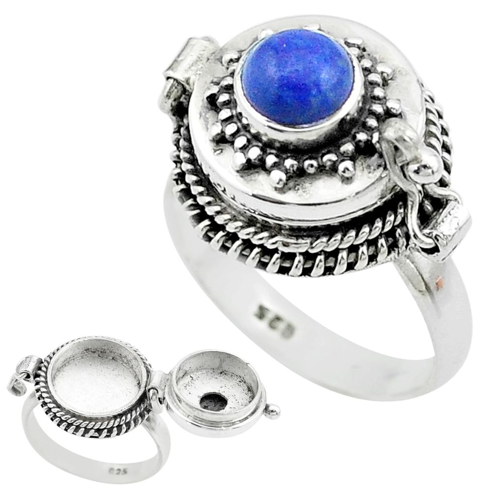 925 silver 1.23cts natural blue lapis lazuli round poison box ring size 8 t52779