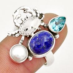 925 silver 6.47cts natural blue lapis lazuli topaz pearl crab ring size 8 y3595