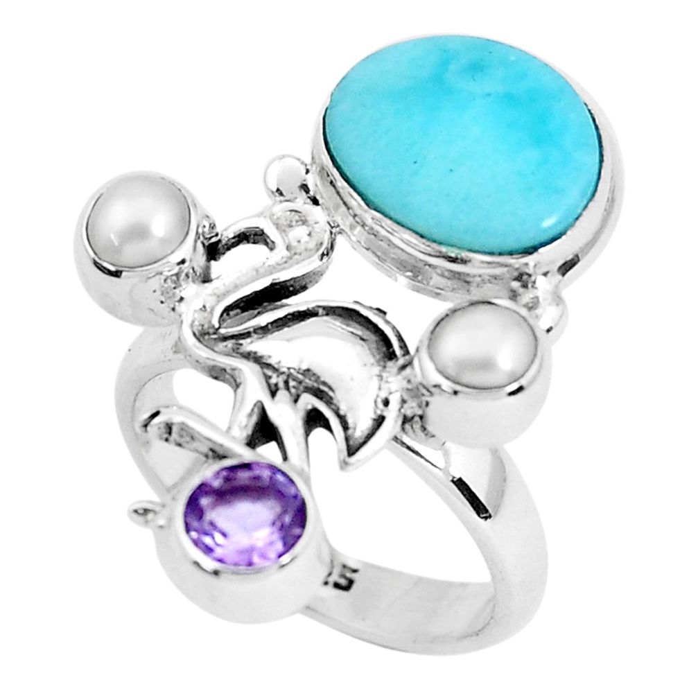 925 silver 7.10cts natural blue larimar amethyst pearl ring size 7 p47739