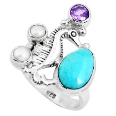 Clearance Sale- 925 silver 6.61cts natural blue larimar amethyst seahorse ring size 8 p47700