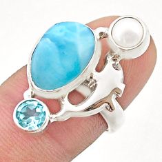 925 silver 6.62cts natural blue larimar topaz pearl dolphin ring size 7 d47660