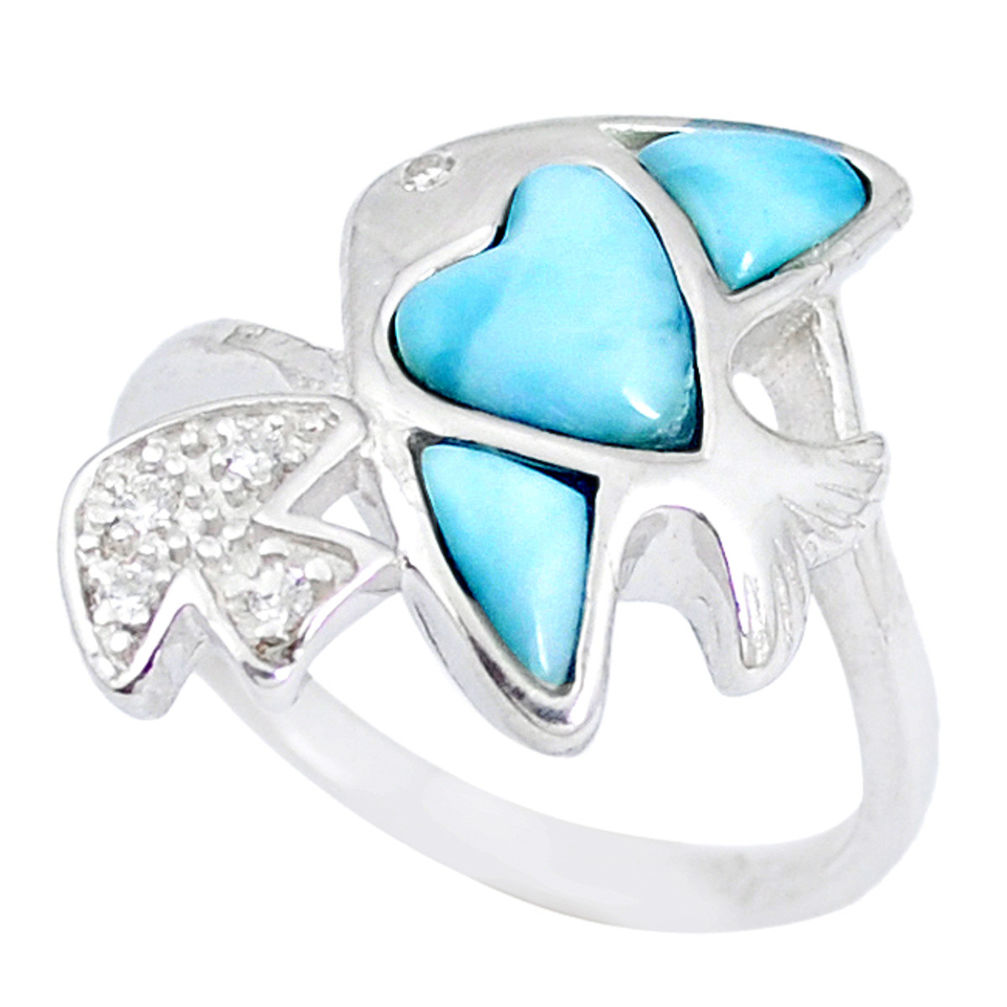 LAB 925 silver natural blue larimar white topaz fish ring size 8 a48938 c15034