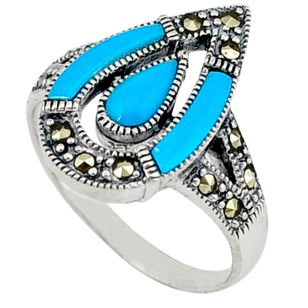 925 sterling silver natural blue magnesite swiss marcasite ring size 5.5 c17550