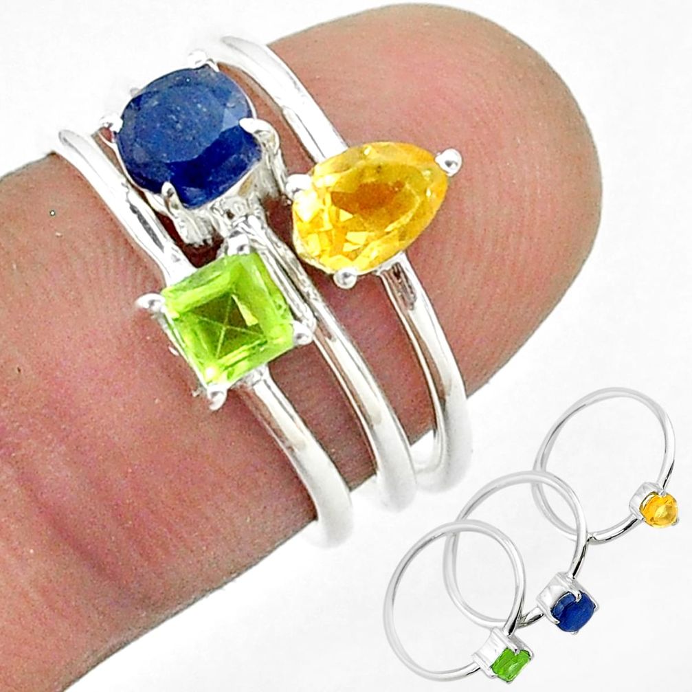 925 silver 2.98cts natural blue sapphire citrine peridot 3 rings size 6 t50914