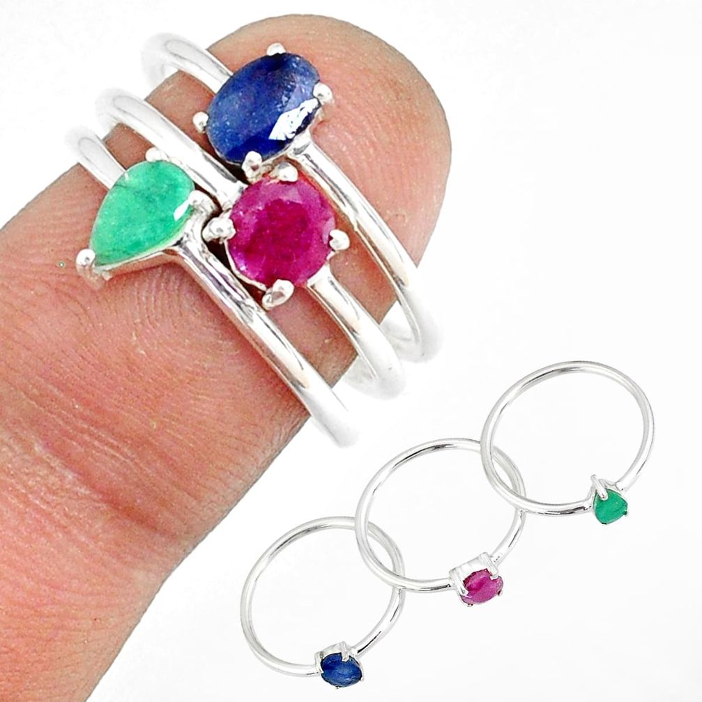 925 silver 2.86cts natural blue sapphire emerald ruby 3 rings size 7 r79840
