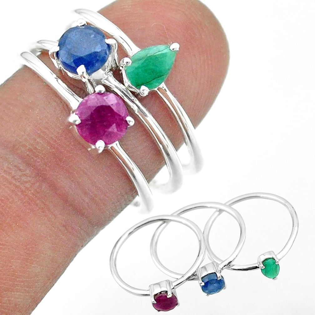 925 silver 3.28cts natural blue sapphire emerald ruby 3 rings size 8 t50967