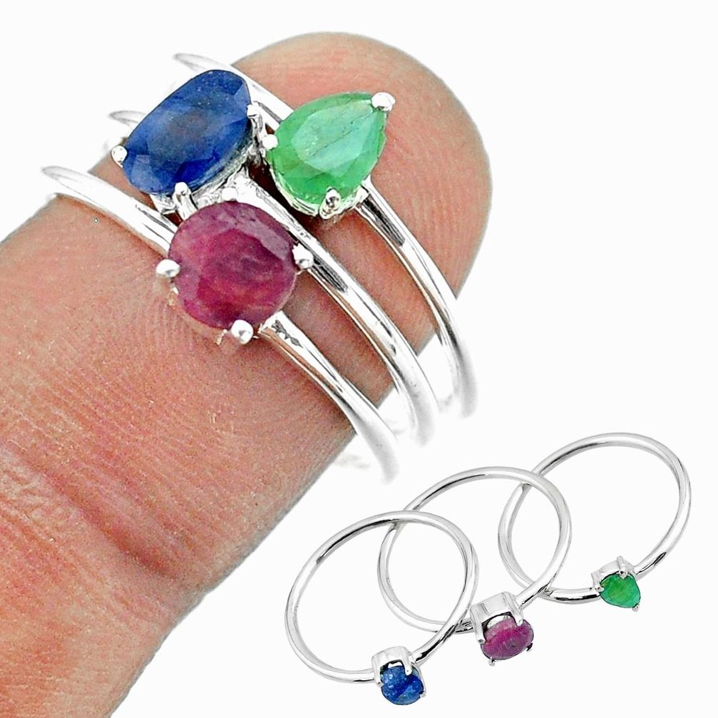 925 silver 2.70cts natural blue sapphire emerald ruby 3 rings size 8 t50978