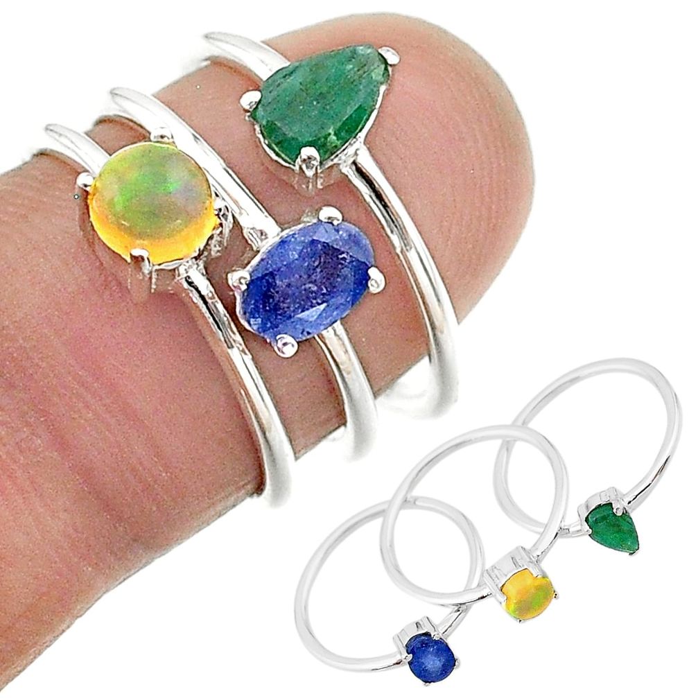 925 silver 2.98cts natural blue sapphire ethiopian opal 3 rings size 6 t17596