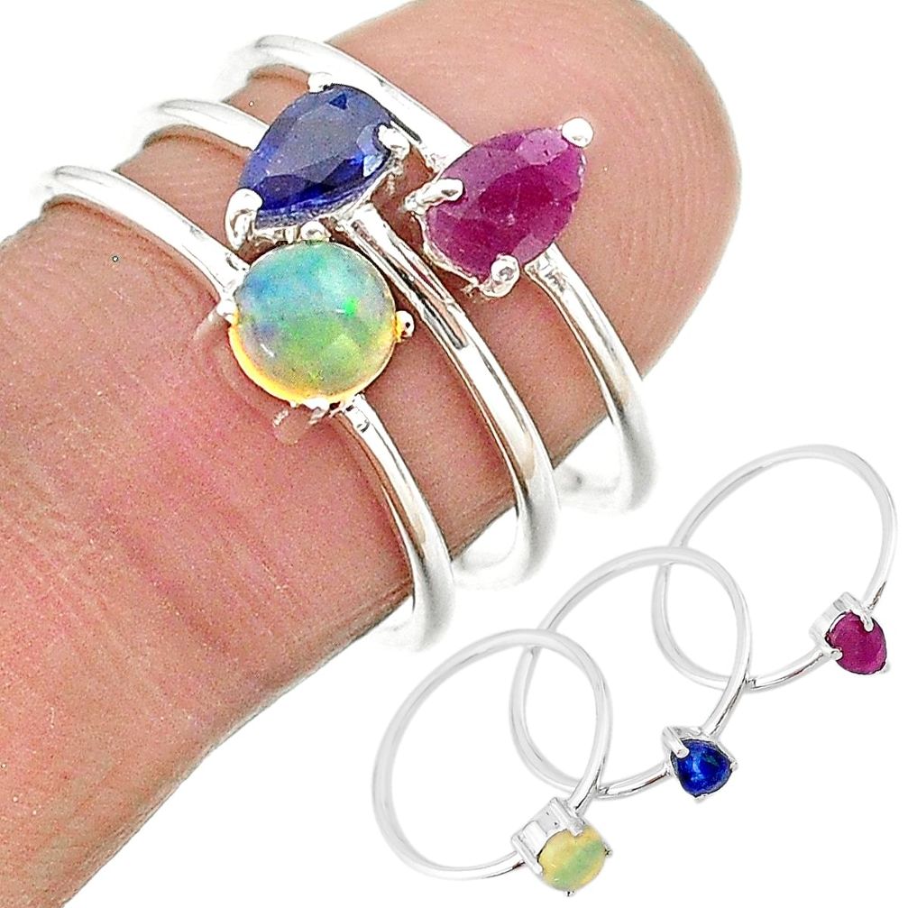 925 silver 2.53cts natural blue sapphire ethiopian opal 3 rings size 7 t17584