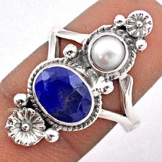 925 silver 3.74cts natural blue sapphire oval pearl flower ring size 7.5 t86564
