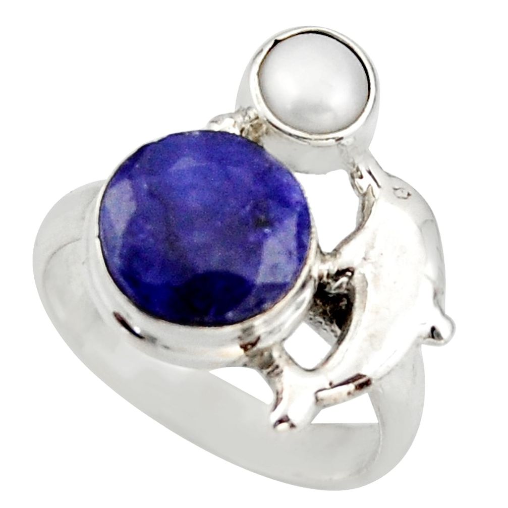 925 silver 6.03cts natural blue sapphire pearl dolphin ring size 6.5 d46133