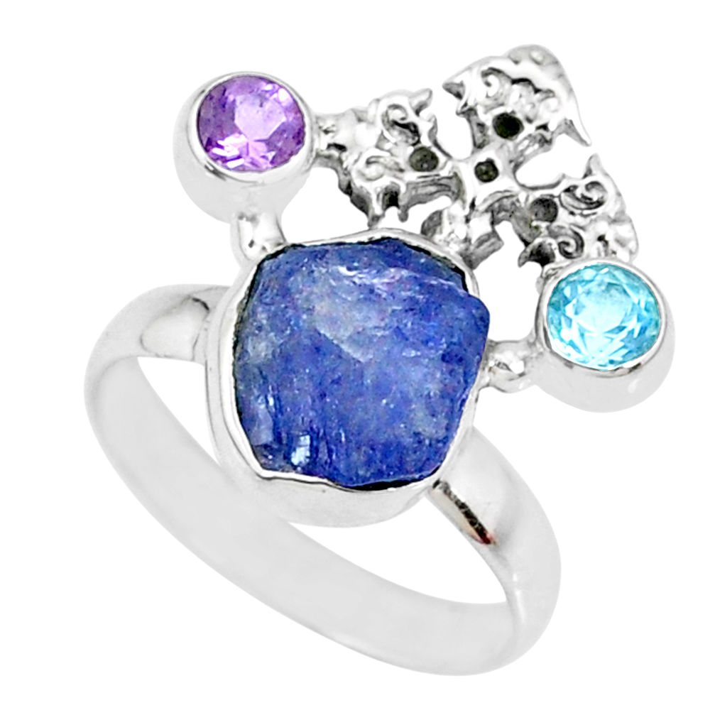 925 silver 7.97cts natural blue tanzanite raw topaz cross ring size 7 r74032