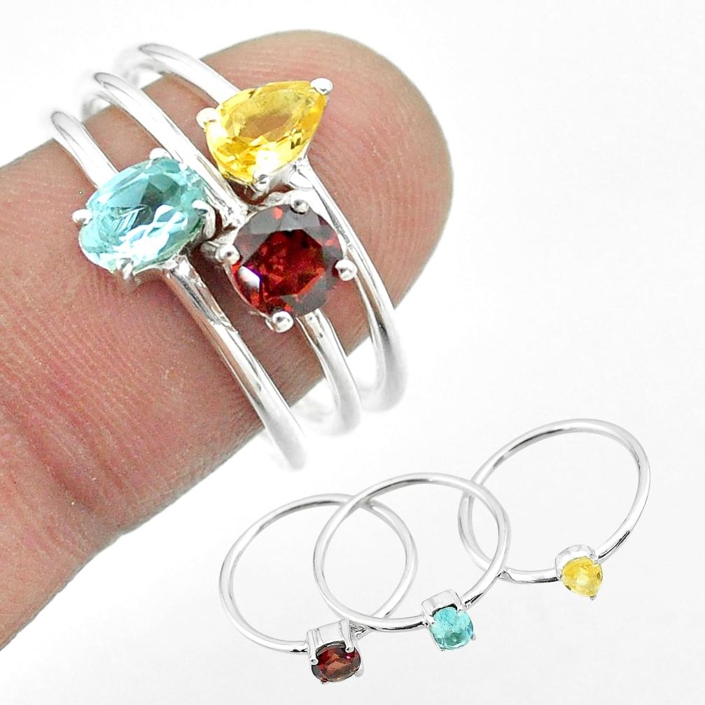 925 silver 2.98cts natural blue topaz citrine garnet 3 rings size 8 t51012