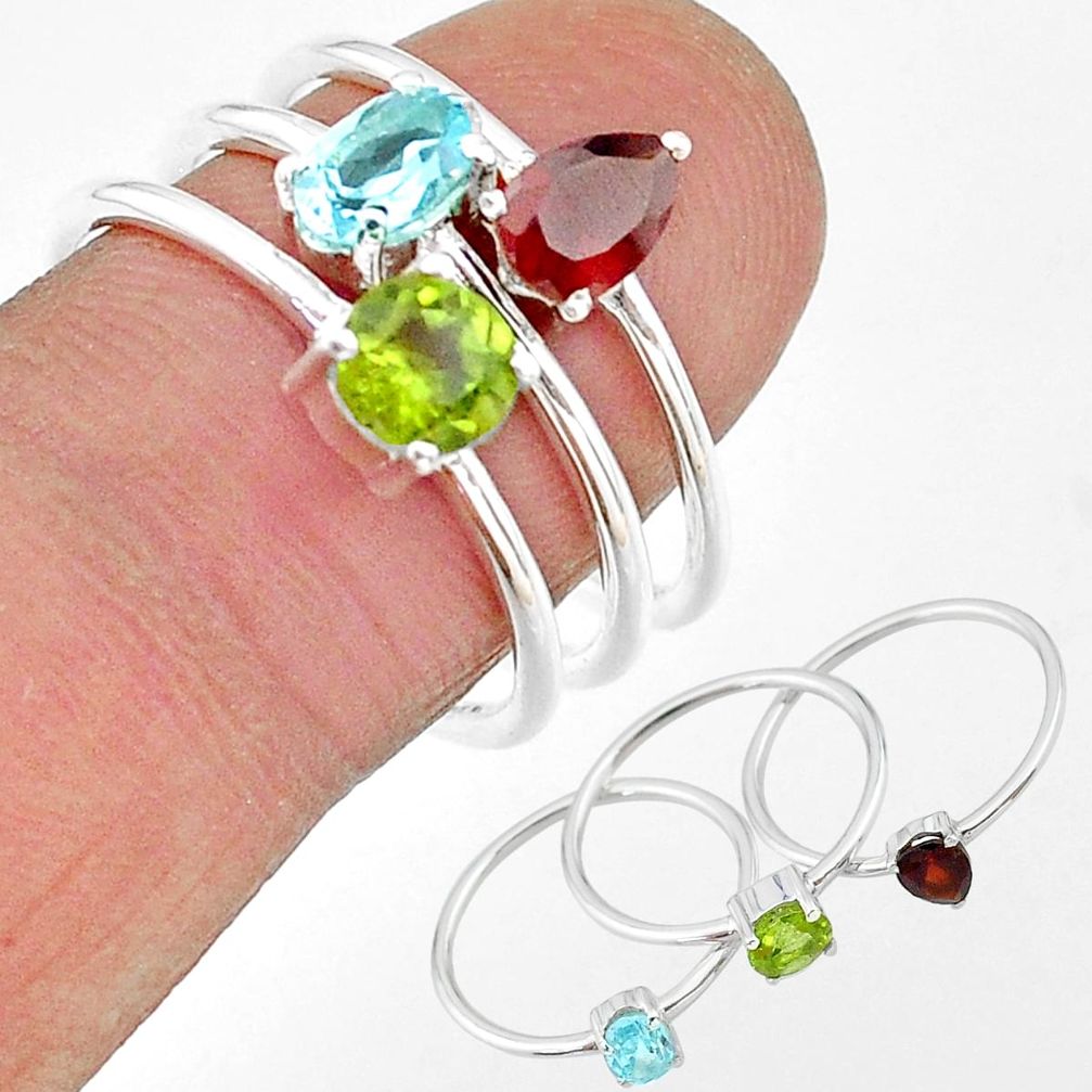 925 silver 2.81cts natural blue topaz garnet peridot 3 rings size 8 t17661