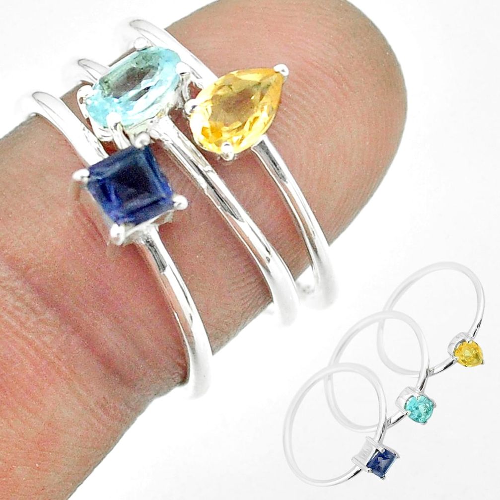 925 silver 2.81cts natural blue topaz oval citrine iolite 3 rings size 7 t51169