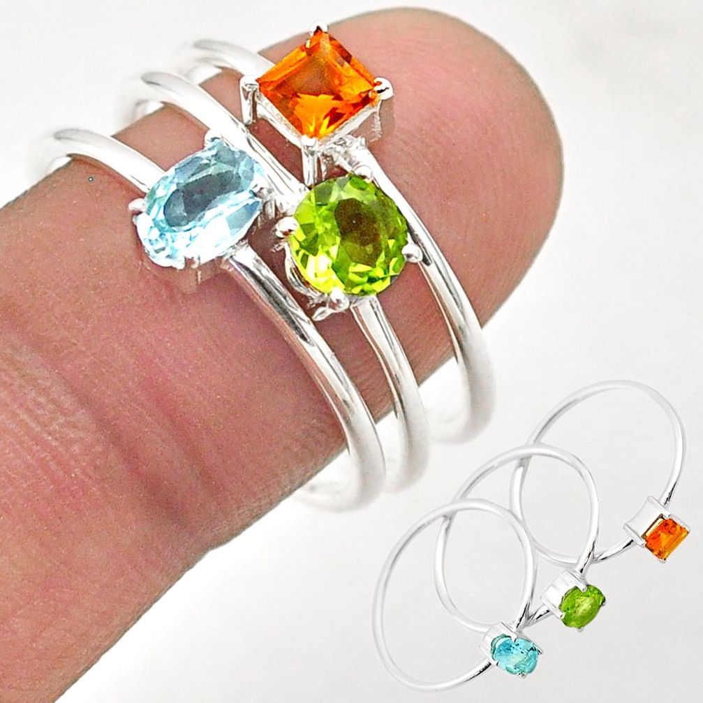 925 silver 2.95cts natural blue topaz peridot citrine 3 rings size 9 t74807