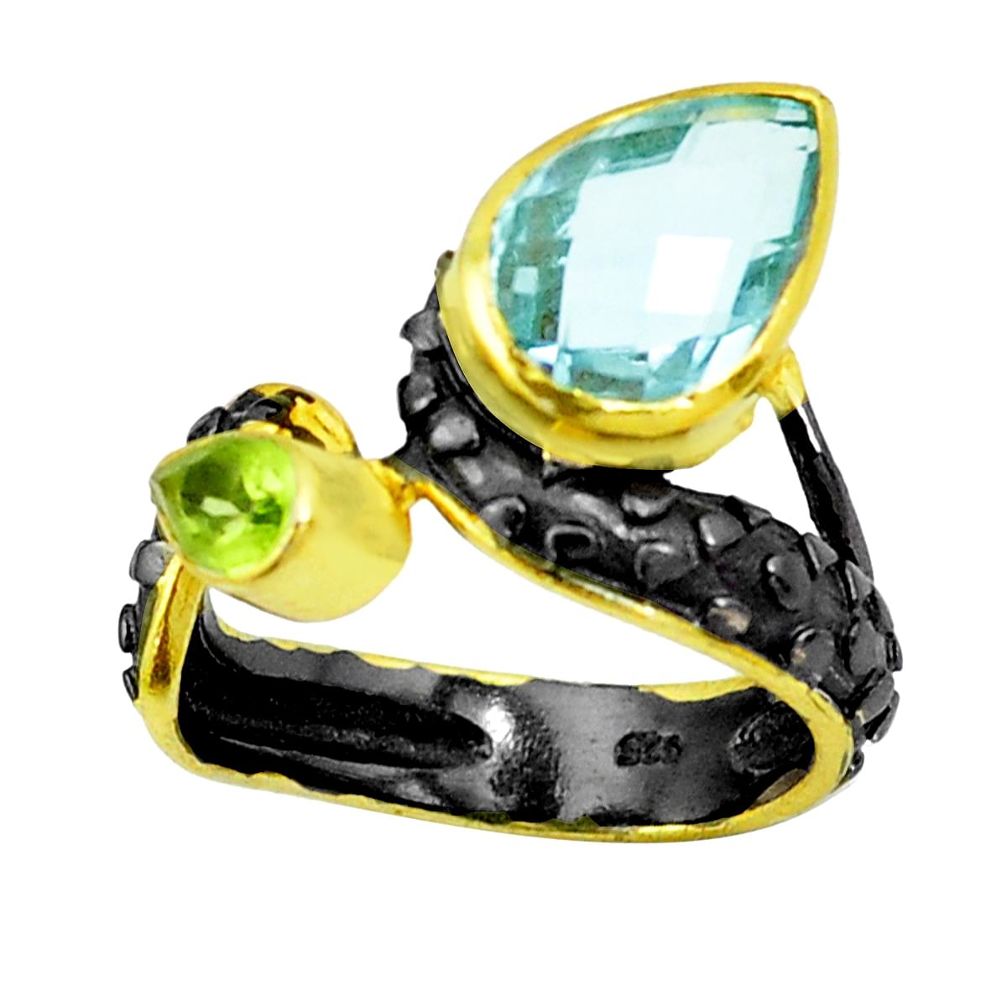 925 silver natural blue topaz peridot two tone rhodium ring size 6.5 p23857