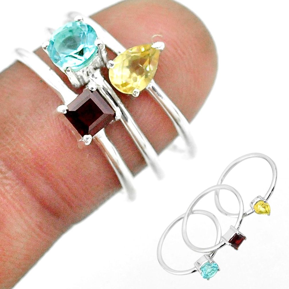 925 silver 2.95cts natural blue topaz round citrine garnet 3 rings size 7 t51133