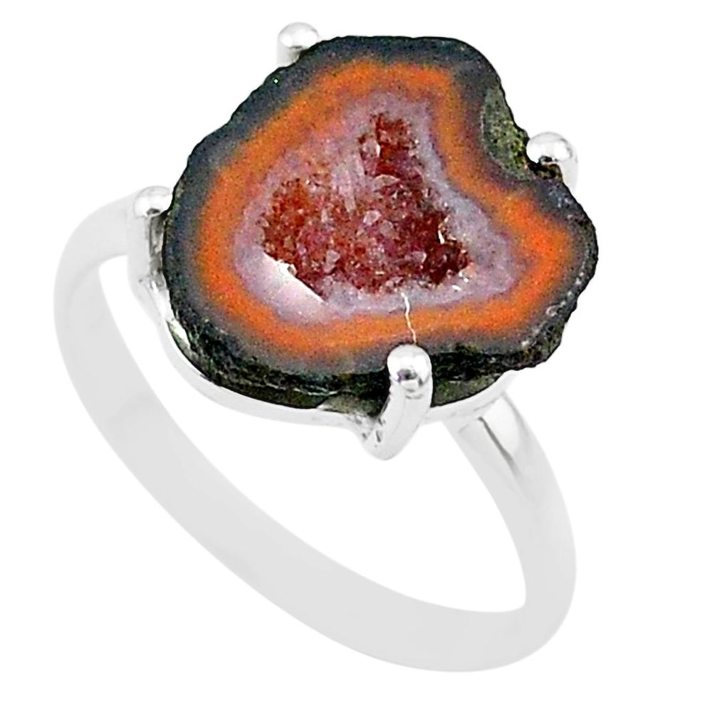 925 silver 5.08cts natural brown geode druzy fancy solitaire ring size 6 t31520