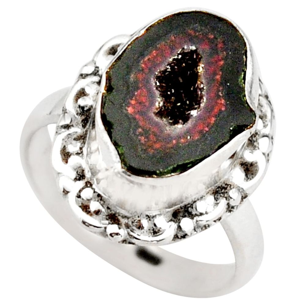 925 silver 6.03cts natural brown geode druzy fancy solitaire ring size 7 r21404