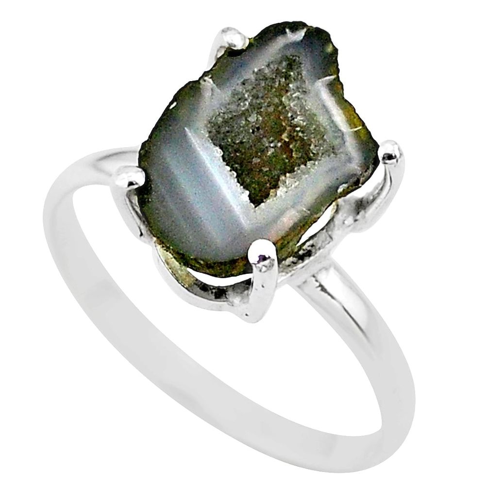 925 silver 5.22cts natural brown geode druzy fancy solitaire ring size 9 t31493