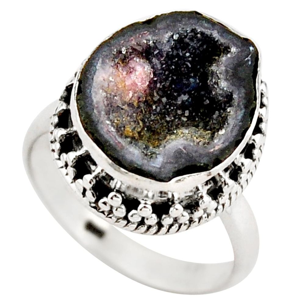 925 silver 7.66cts natural brown geode druzy solitaire ring size 7.5 r21407