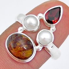 925 silver 6.58cts natural brown pietersite red garnet pearl ring size 8 y3826