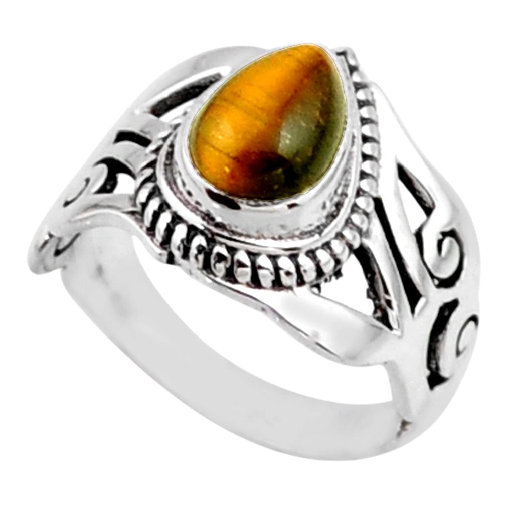 925 silver 2.33cts natural brown tiger's eye pear solitaire ring size 6 r54653