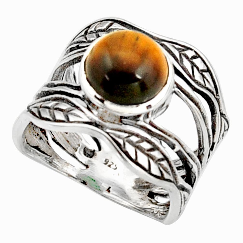 925 silver 3.02cts natural brown tiger's eye solitaire leaf ring size 6 r36970