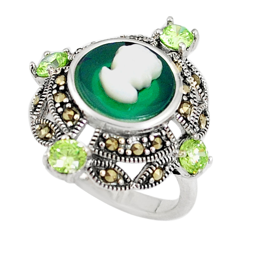 925 silver natural green chalcedony pearl enamel lady face ring size 8 c16044