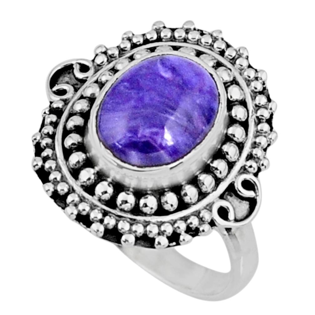 925 silver 4.16cts natural charoite (siberian) oval solitaire ring size 8 r57509