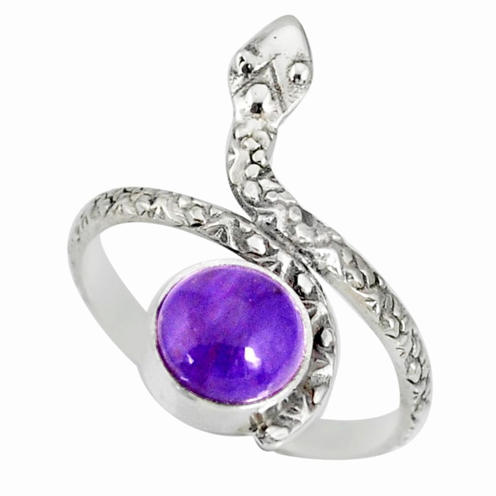 925 silver 3.14cts natural charoite (siberian) round snake ring size 9 r78671