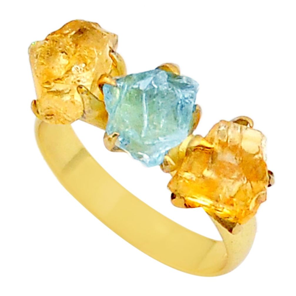 Handmade 8.81cts natural citrine aquamarine raw 14k gold ring size 8 t35012