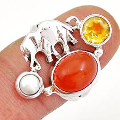 925 silver 6.22cts natural cornelian citrine pearl elephant ring size 6 y3917