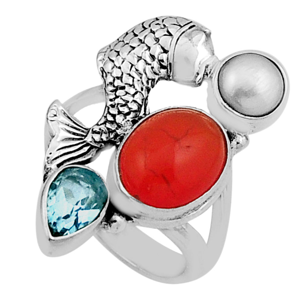 925 silver 6.48cts natural cornelian oval topaz pearl fish ring size 5.5 n12449